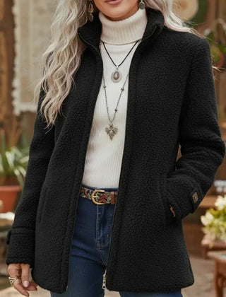 Emma women's fleece zip-up teddy coat with stand collar from Christine Brewer, featuring cozy sherpa fabric and stylish design.
