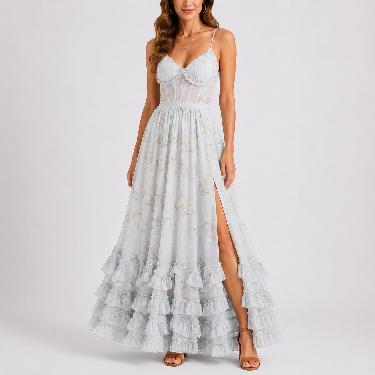 Madison | Wedding Guest Dress Maxi Dress Women Floral Corset Sweetheart Chiffon Ruffle Spaghetti Strap