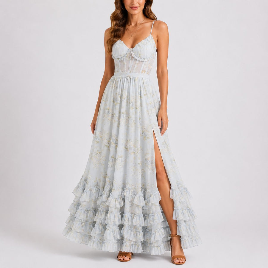 Madison | Wedding Guest Dress Maxi Dress Women Floral Corset Sweetheart Chiffon Ruffle Spaghetti Strap