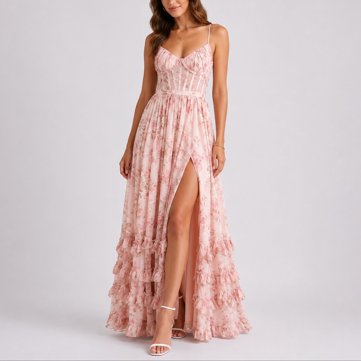 Madison | Wedding Guest Dress Maxi Dress Women Floral Corset Sweetheart Chiffon Ruffle Spaghetti Strap