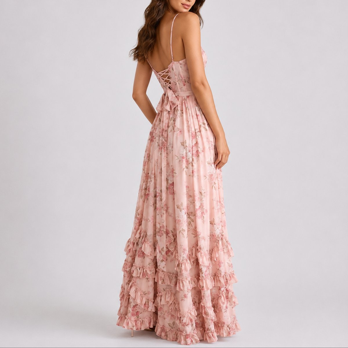 Madison | Wedding Guest Dress Maxi Dress Women Floral Corset Sweetheart Chiffon Ruffle Spaghetti Strap