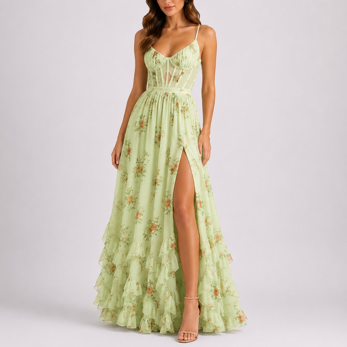 Madison | Wedding Guest Dress Maxi Dress Women Floral Corset Sweetheart Chiffon Ruffle Spaghetti Strap