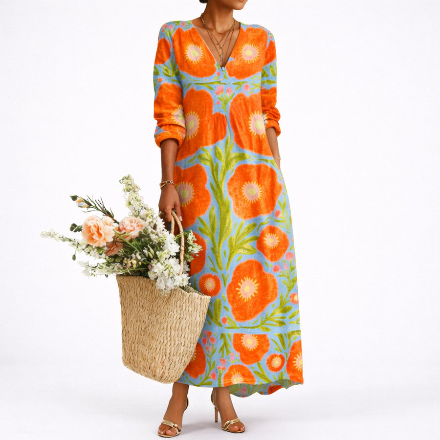 Amelia | Wedding Guest Dress Maxi Dress Women Floral V-Neck Long Sleeve A-Line Fall Winter
