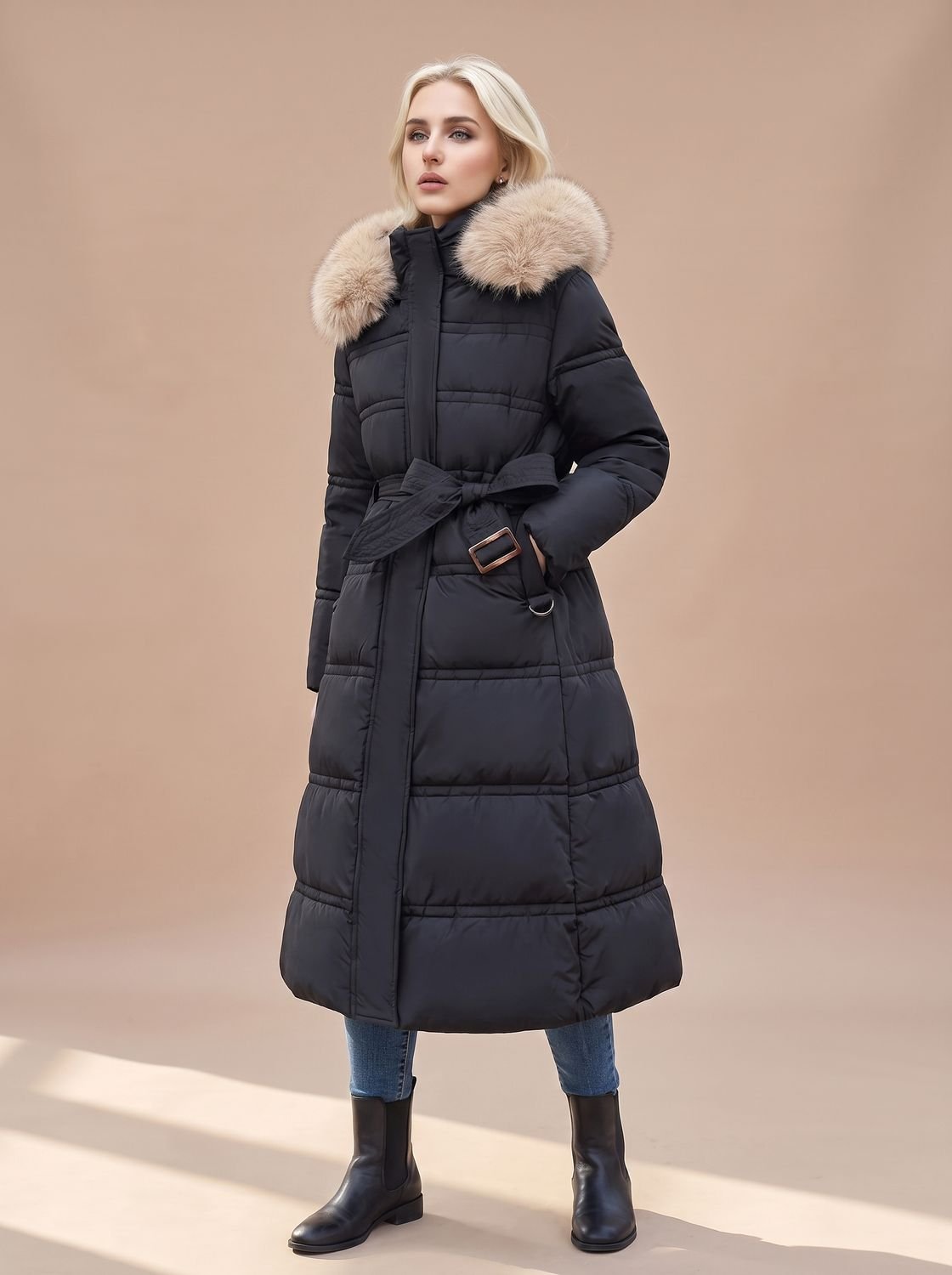 Riley | Puffer Coat Puffer Jacket Quilted Winter Warm Hooded Faux Fur Longline Zip Up