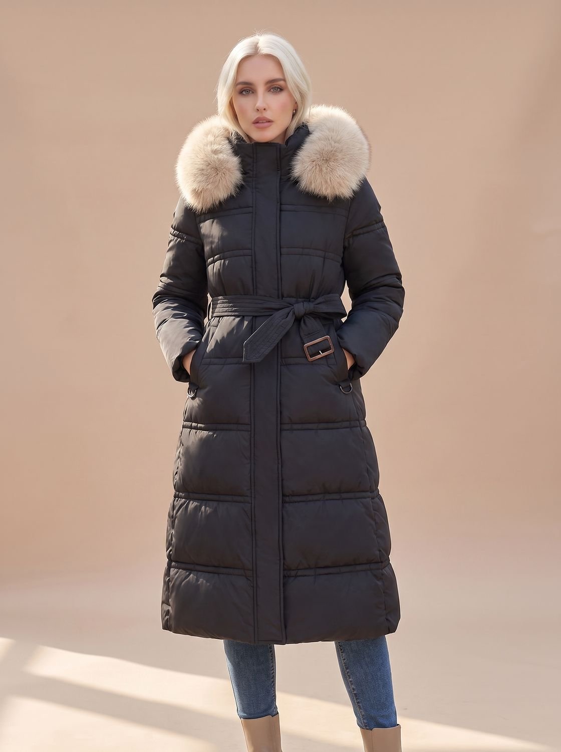 Riley | Puffer Coat Puffer Jacket Quilted Winter Warm Hooded Faux Fur Longline Zip Up