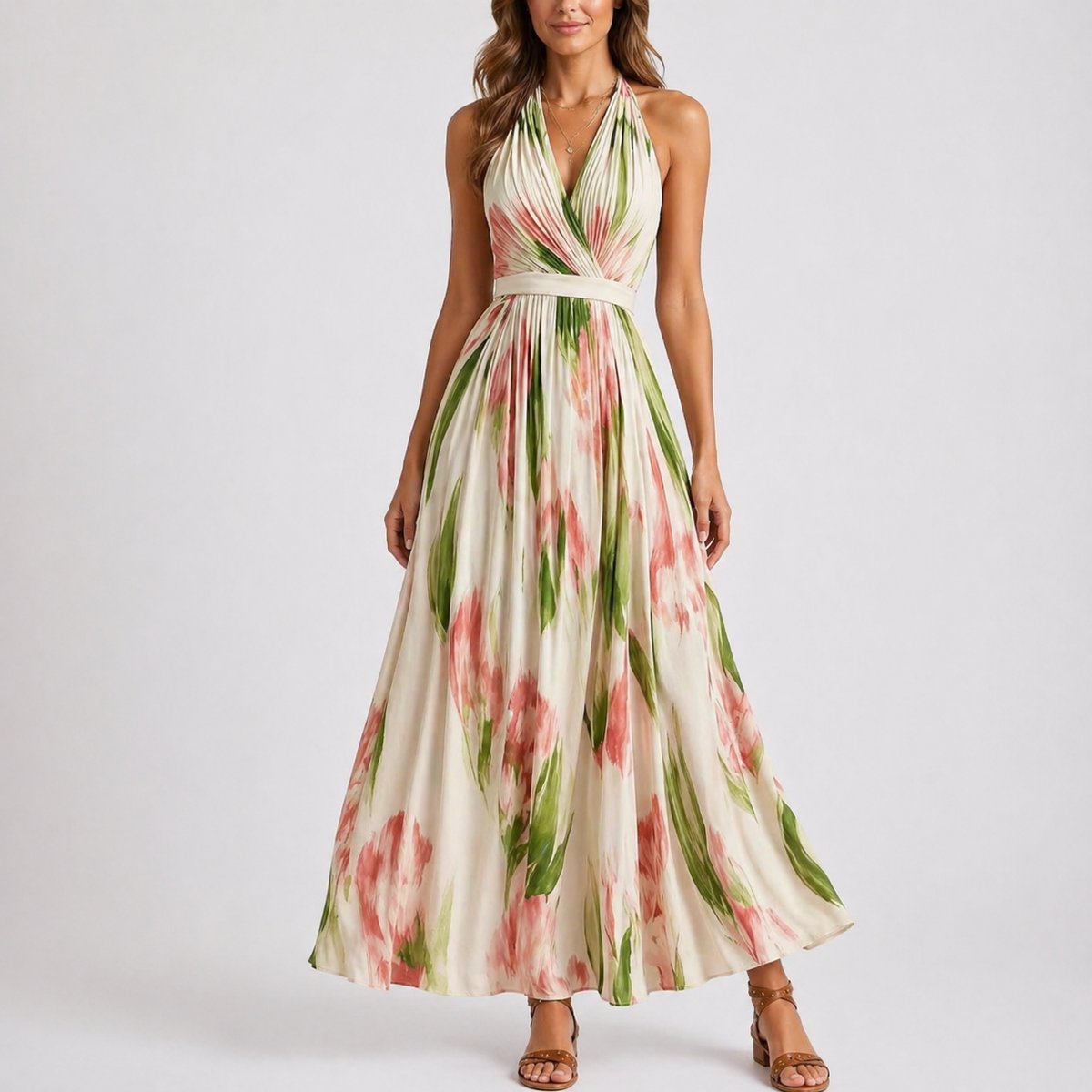 Esme | Wedding Guest Dress Maxi Dress Women Floral Halter Neck Open Back Pleated V-Neck