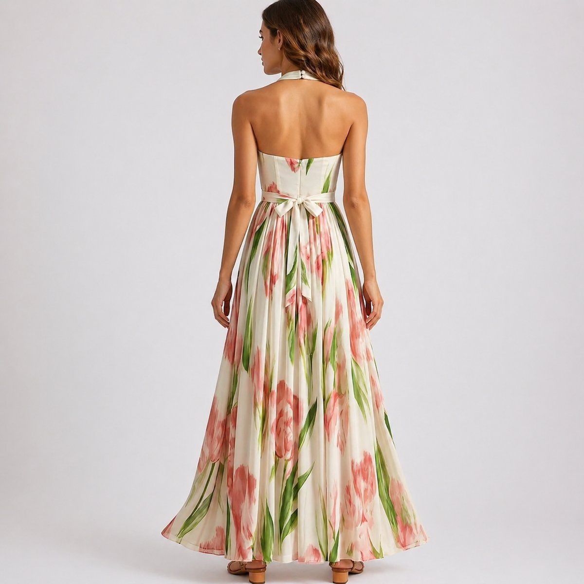 Esme | Wedding Guest Dress Maxi Dress Women Floral Halter Neck Open Back Pleated V-Neck
