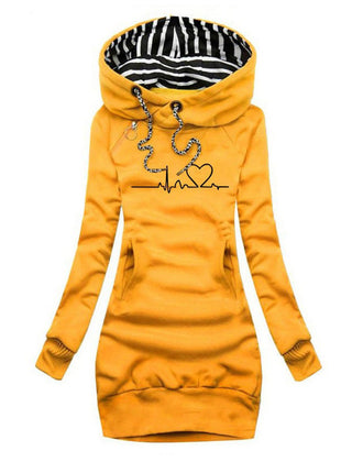 Women's Sienna Heartbeat Print Hooded Long Sleeve Dress Jumper by Christine Brewer with graphic heartbeat design, casual and stylish.