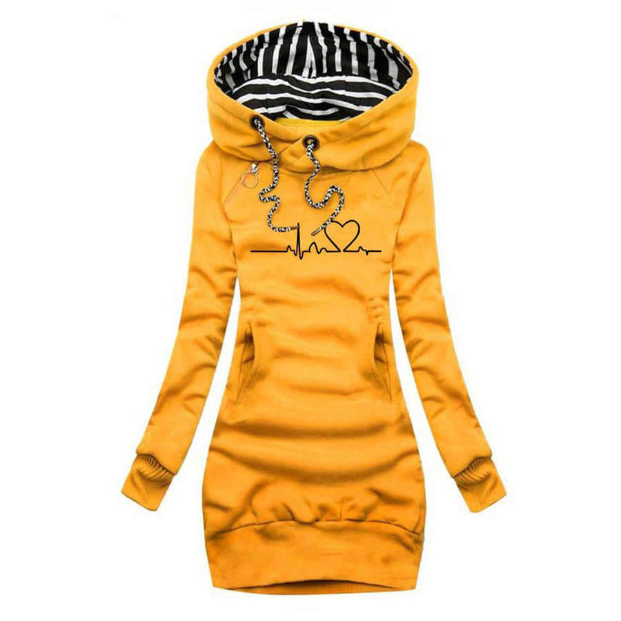 Women's Sienna Heartbeat Print Hooded Long Sleeve Dress Jumper by Christine Brewer with graphic heartbeat design, casual and stylish.