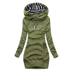 Women's Sienna heartbeat print hooded long sleeve dress jumper by Christine Brewer, featuring graphic heartbeat design and comfortable fit.