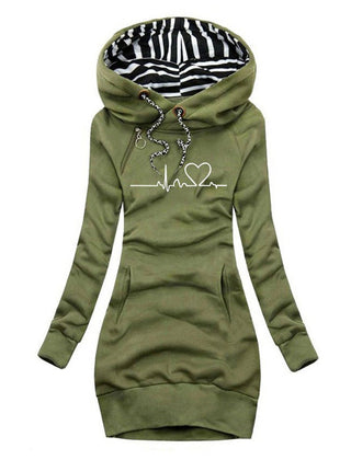 Women's Sienna heartbeat print hooded long sleeve dress jumper by Christine Brewer, featuring graphic heartbeat design and comfortable fit.