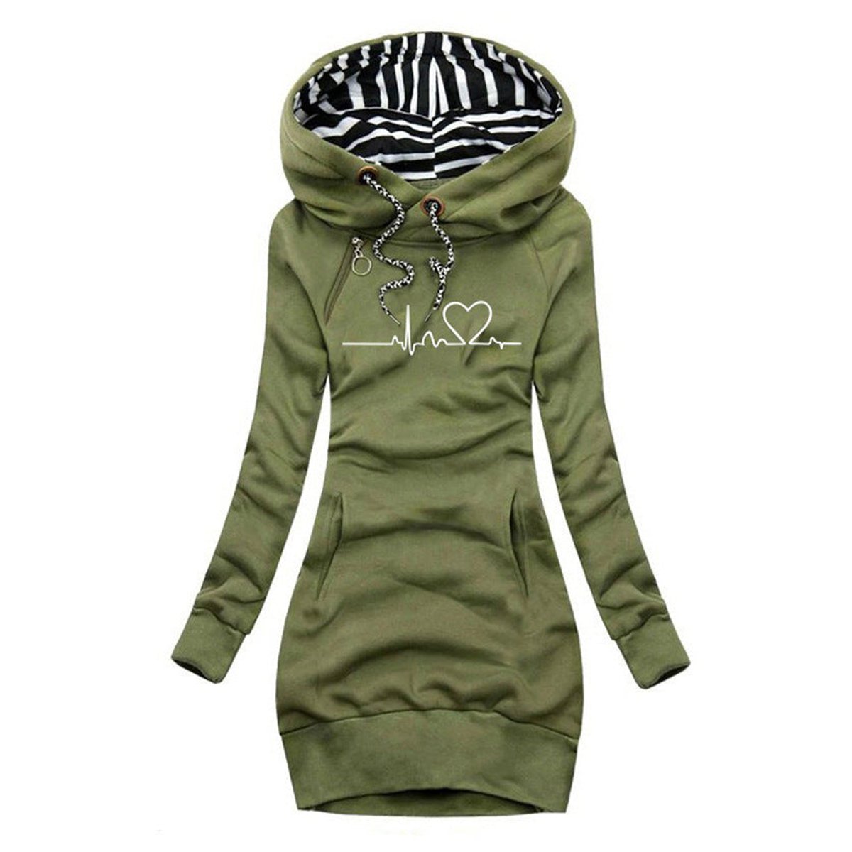 Women's Sienna heartbeat print hooded long sleeve dress jumper by Christine Brewer, featuring graphic heartbeat design and comfortable fit.