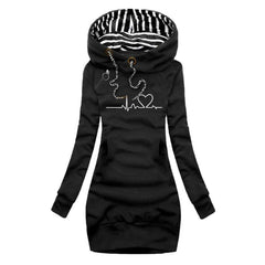 Women’s Sienna Heartbeat Print Hooded Long Sleeve Dress Jumper by Christine Brewer, featuring a graphic heartbeat design on soft fabric.