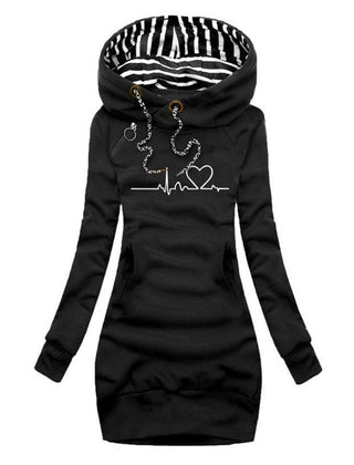 Women’s Sienna Heartbeat Print Hooded Long Sleeve Dress Jumper by Christine Brewer, featuring a graphic heartbeat design on soft fabric.