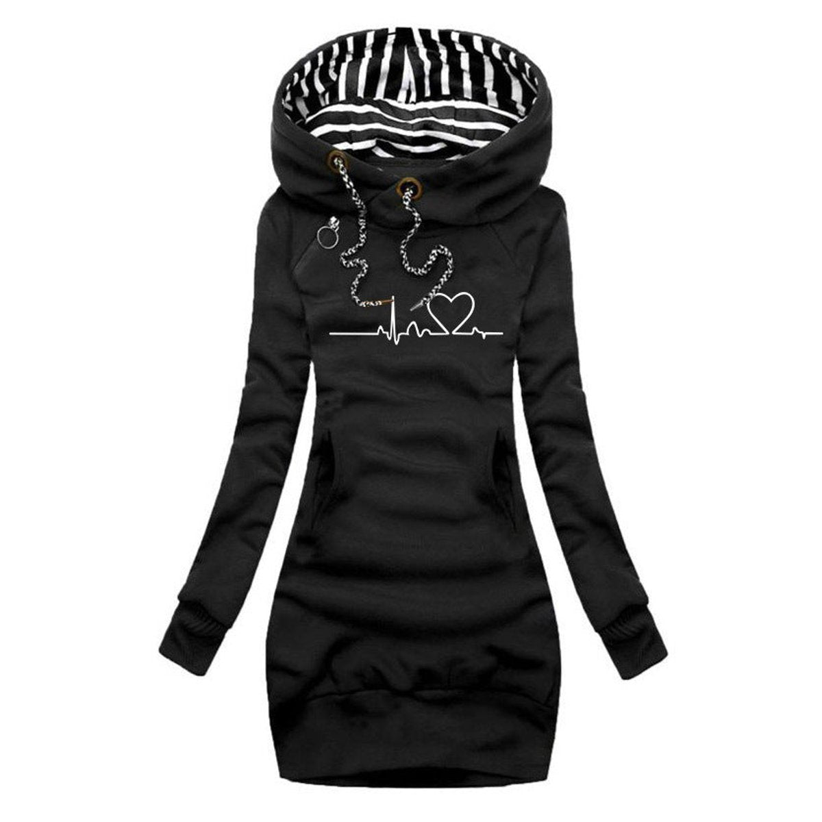 Women’s Sienna Heartbeat Print Hooded Long Sleeve Dress Jumper by Christine Brewer, featuring a graphic heartbeat design on soft fabric.