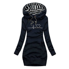 Women's Sienna Heartbeat Print Hooded Long Sleeve Dress Jumper by Christine Brewer, featuring a graphic heartbeat design and comfortable fit.