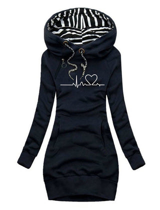 Women's Sienna Heartbeat Print Hooded Long Sleeve Dress Jumper by Christine Brewer, featuring a graphic heartbeat design and comfortable fit.