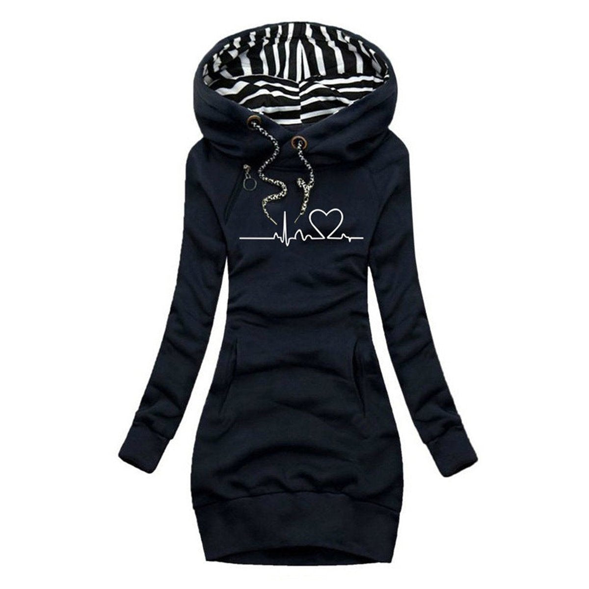 Women's Sienna Heartbeat Print Hooded Long Sleeve Dress Jumper by Christine Brewer, featuring a graphic heartbeat design and comfortable fit.