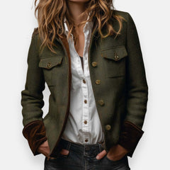 Women's herringbone tweed military-style jacket with gold buttons by Christine Brewer, featuring a tailored fit and classic design.