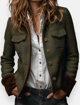 Women's herringbone tweed military-style jacket with gold buttons by Christine Brewer, featuring a tailored fit and classic design.