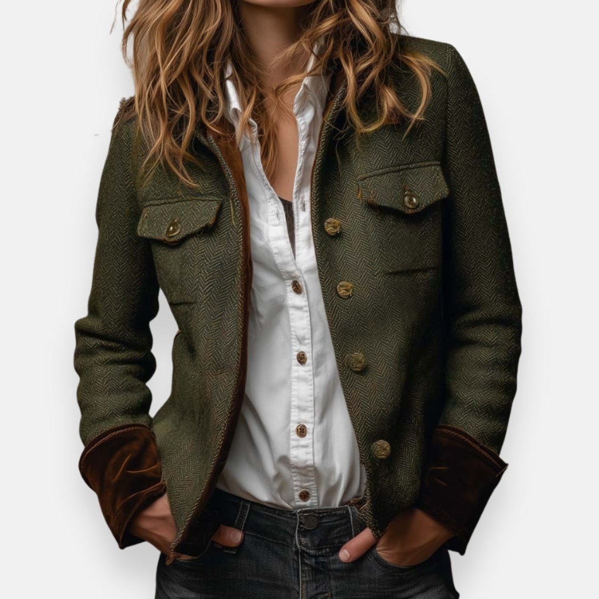 Women's herringbone tweed military-style jacket with gold buttons by Christine Brewer, featuring a tailored fit and classic design.