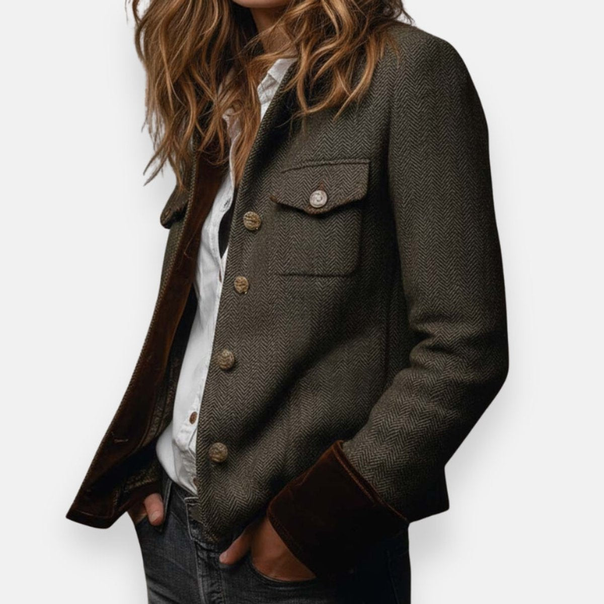 Victoria women's herringbone tweed military-style jacket with gold buttons, designed by Christine Brewer.