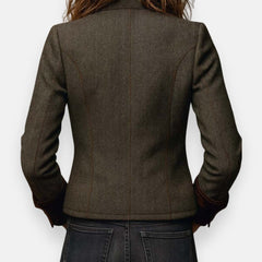 Victoria women's herringbone tweed military-style jacket with gold buttons by Christine Brewer, shown in a front view.