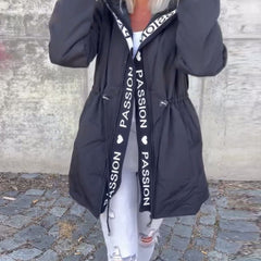 Women's hooded drawstring midi parka coat by Christine Brewer, featuring a casual style with a hood and relaxed fit.