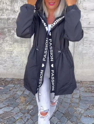 Women's hooded drawstring midi parka coat by Christine Brewer, featuring a casual style with a hood and relaxed fit.