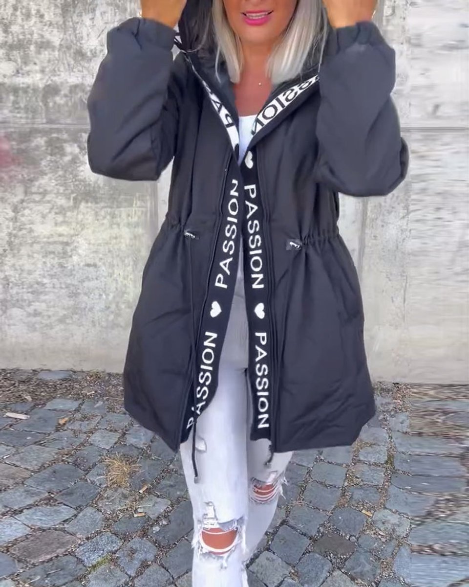 Women's hooded drawstring midi parka coat by Christine Brewer, featuring a casual style with a hood and relaxed fit.