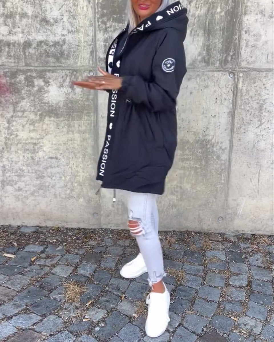 Women’s hooded drawstring midi parka coat by Christine Brewer, casual style with front pockets and adjustable waist.