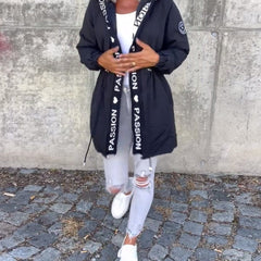Women’s hooded drawstring midi parka coat by Christine Brewer, casual style with a front zipper and adjustable hood for outdoor wear.