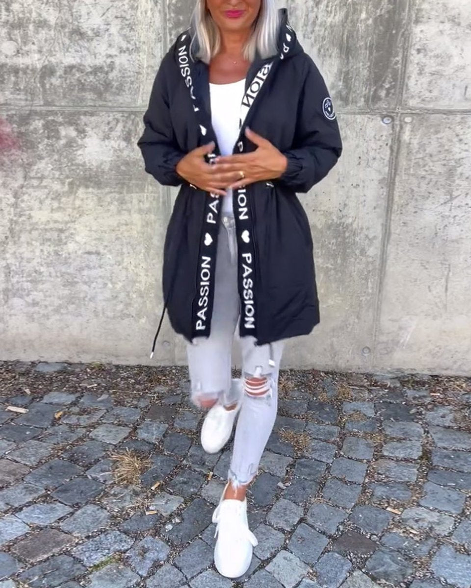 Women’s hooded drawstring midi parka coat by Christine Brewer, casual style with a front zipper and adjustable hood for outdoor wear.