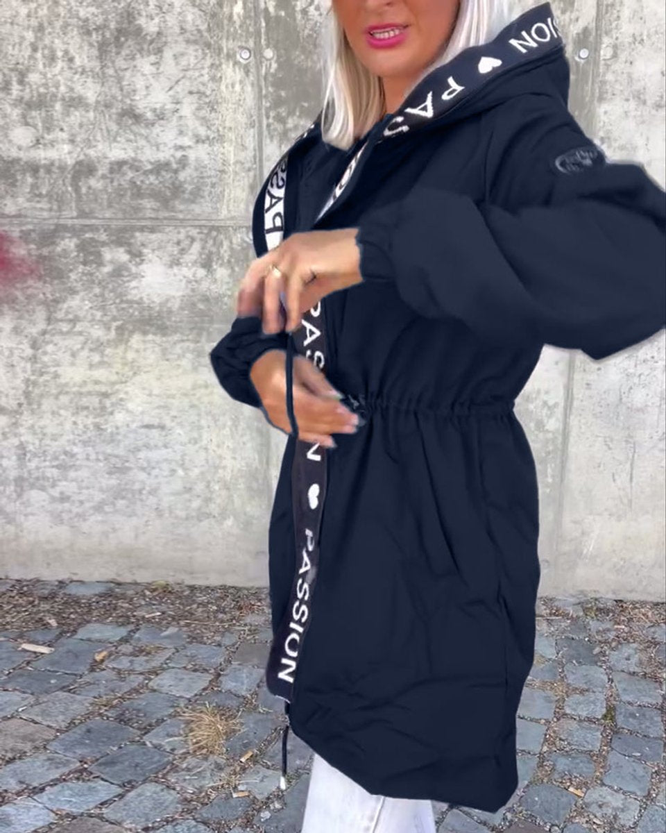 Women's hooded drawstring midi parka coat by Christine Brewer, featuring a casual design with a front zipper and adjustable hood.
