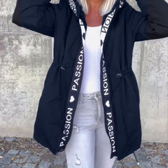 Women’s hooded drawstring midi parka coat by Christine Brewer, featuring a casual style with a hood and adjustable drawstrings.