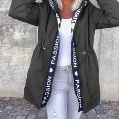 Women’s hooded drawstring midi parka coat by Christine Brewer, casual style with a front zipper and adjustable hood.