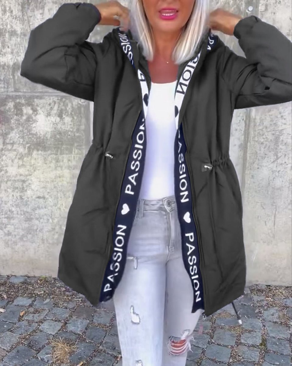 Women’s hooded drawstring midi parka coat by Christine Brewer, casual style with a front zipper and adjustable hood.