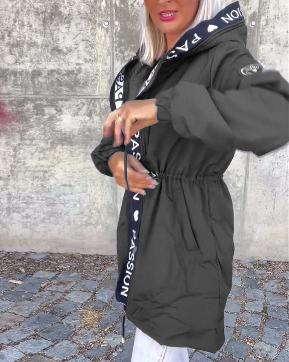 Women’s hooded drawstring midi parka coat by Christine Brewer, featuring a casual style with a hood and adjustable waist.