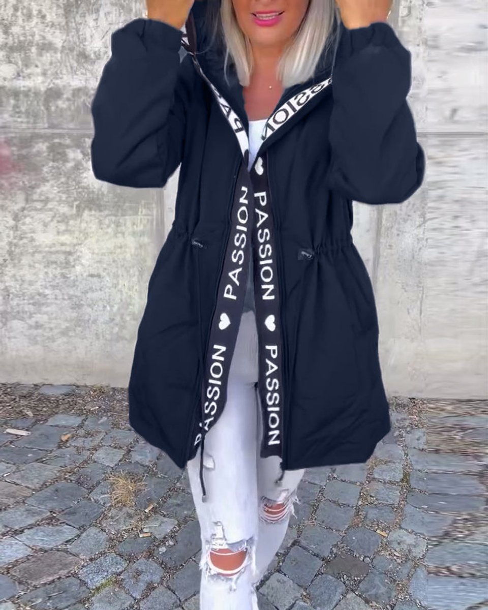 Women's hooded drawstring midi parkas by Christine Brewer, casual outerwear with a relaxed fit and practical hood for cooler weather.