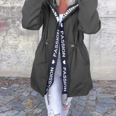 Women's hooded drawstring midi parka coat by Christine Brewer, casual style, shown with a hood and front drawstrings.