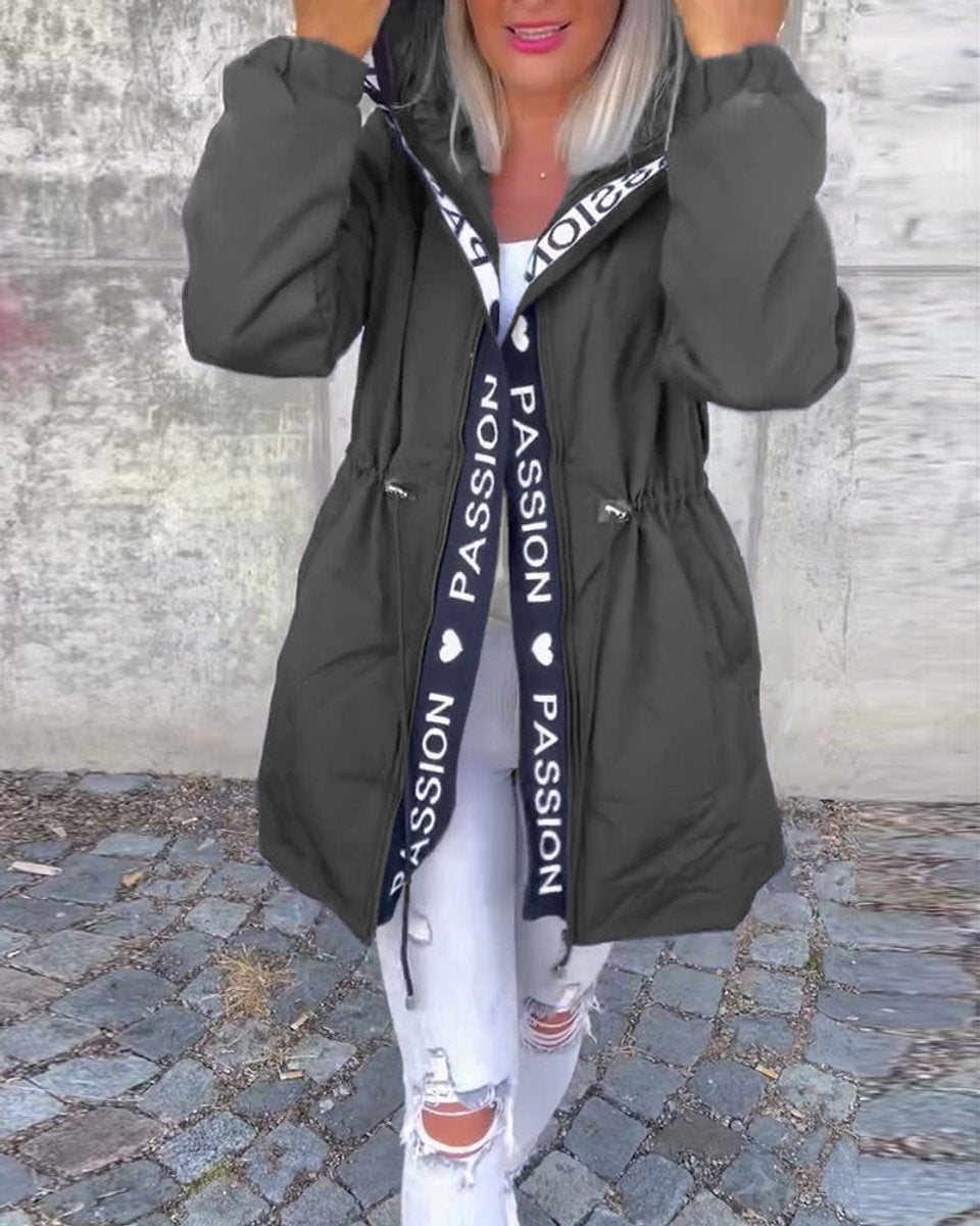 Women's hooded drawstring midi parka coat by Christine Brewer, casual style, shown with a hood and front drawstrings.