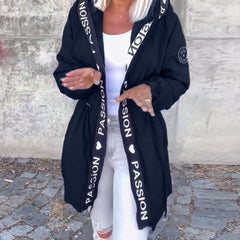 Women's hooded drawstring midi parka coat by Christine Brewer, featuring a casual style with a hood and adjustable drawstrings.