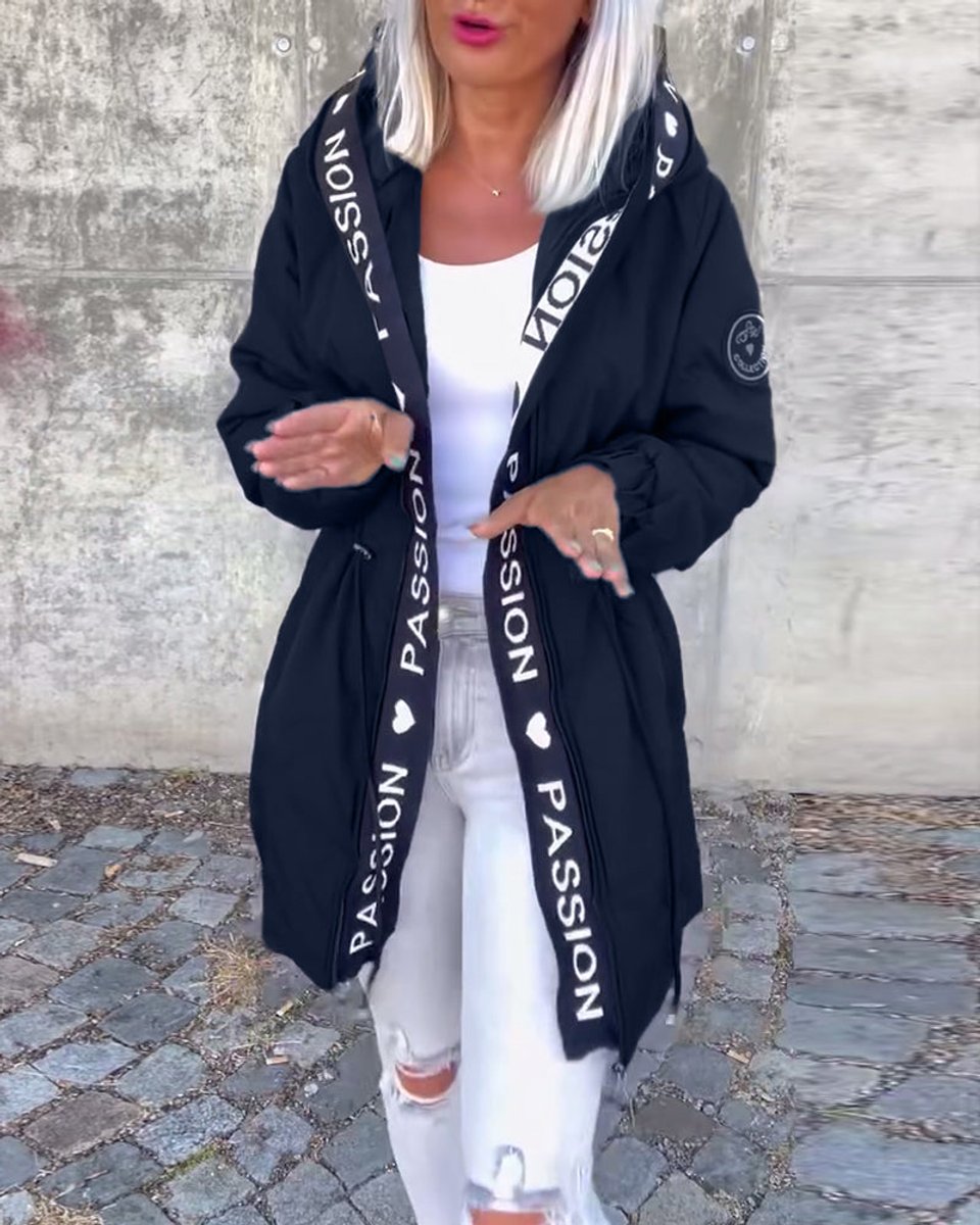 Women's hooded drawstring midi parka coat by Christine Brewer, featuring a casual style with a hood and adjustable drawstrings.