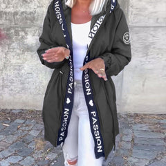 Women's hooded drawstring midi parka coat by Christine Brewer, casual style with front pockets and adjustable hood.