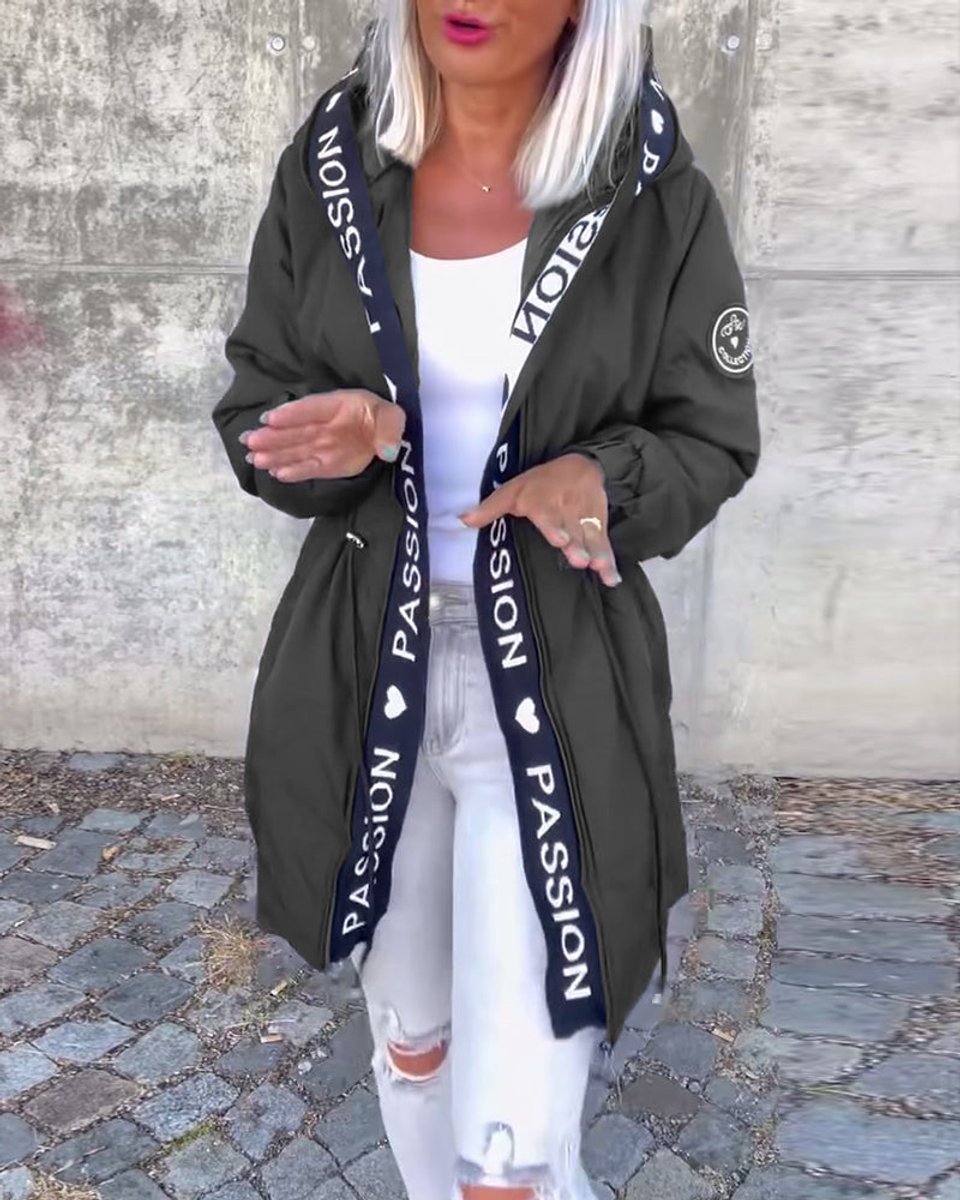 Women's hooded drawstring midi parka coat by Christine Brewer, casual style with front pockets and adjustable hood.