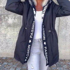 Women's hooded drawstring midi parka coat by Christine Brewer, casual style with front pockets and adjustable hood.