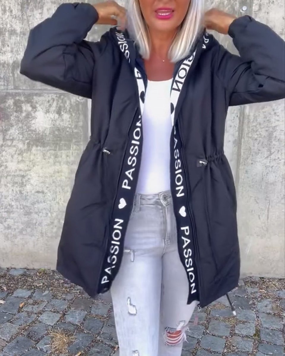 Women's hooded drawstring midi parka coat by Christine Brewer, casual style with front pockets and adjustable hood.