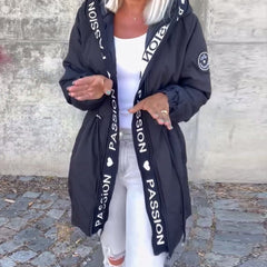 Women's hooded drawstring midi parka coat by Christine Brewer, featuring a casual style with a front zipper and adjustable hood.