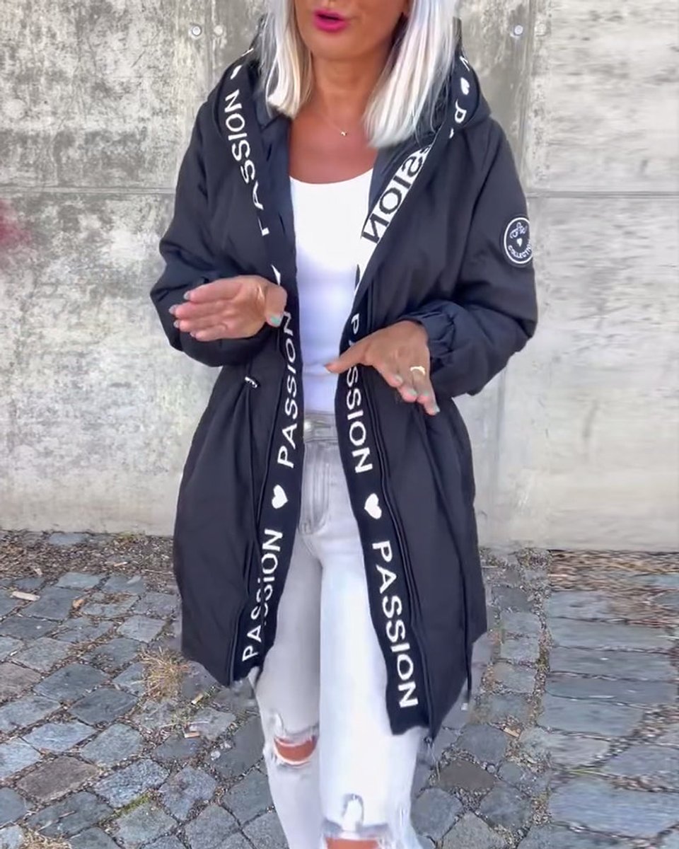 Women's hooded drawstring midi parka coat by Christine Brewer, featuring a casual style with a front zipper and adjustable hood.