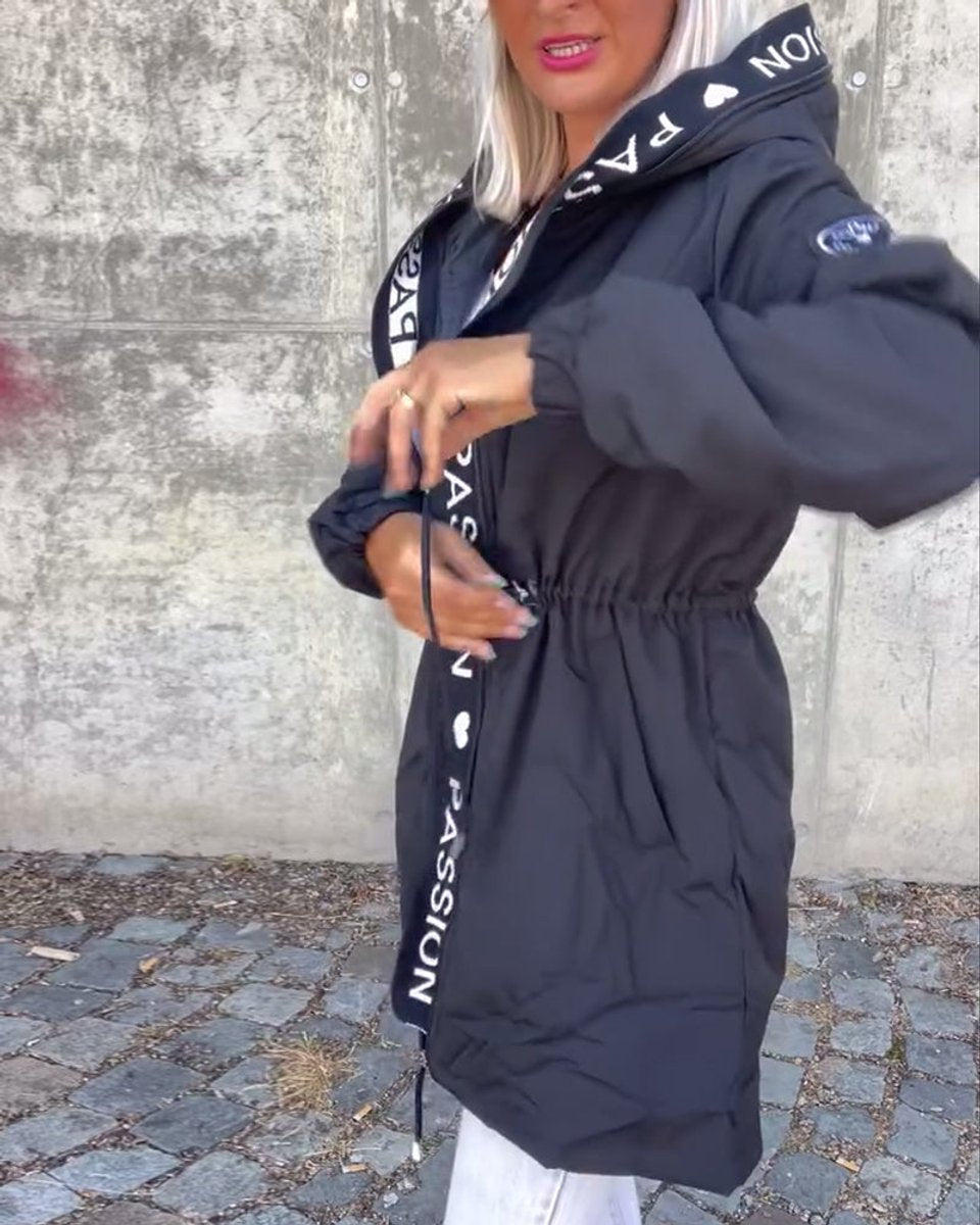 Women's hooded drawstring midi parka coat by Christine Brewer, casual outerwear with a relaxed fit and functional hood.
